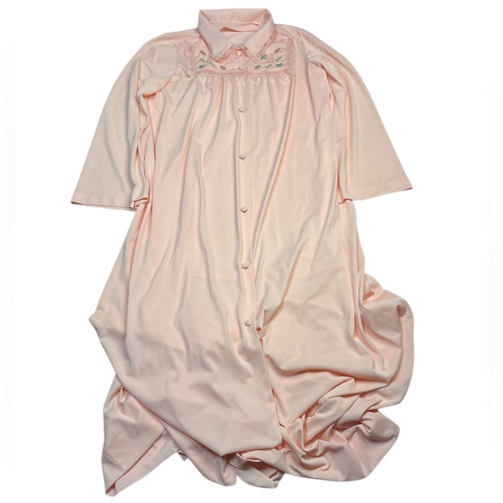 Vintage Gossard Women Medium Robe Peach Nylon Floral Embroidered Maxi Long